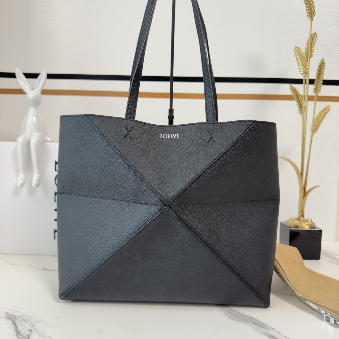 Loewe-Medium-horizontal-Puzzle-Fold-tote-Shoulder-Bag-Black-soft-grained-calfskin-31x12x29CM